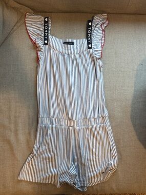 Tommy Hilfiger Navy & White Striped Girls' Romper with Red Trim